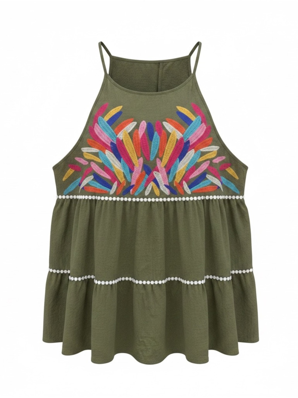 THML Olive Tiered Halter Camisole with Multicolor Feather Embroidery